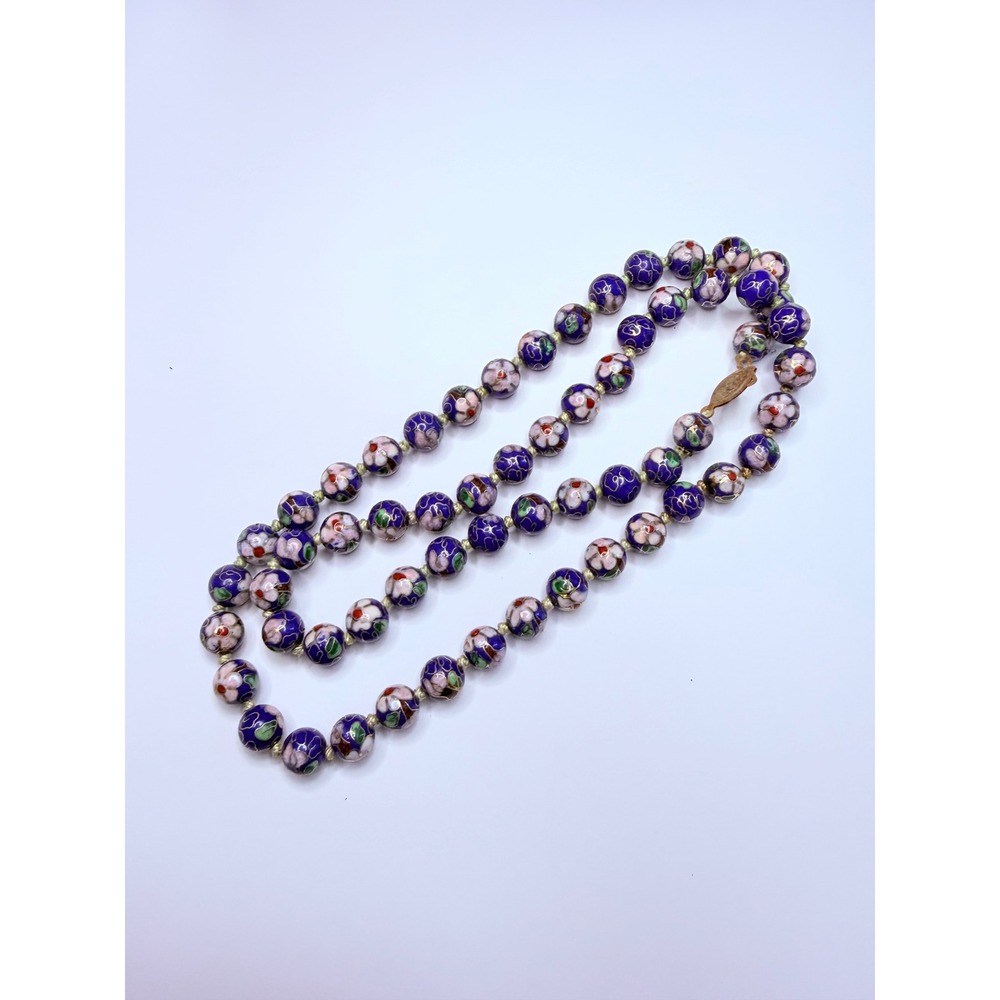 Vintage Blue Cloisonné Floral Bead Necklace – Hand Knotted Enamel Beads 28"